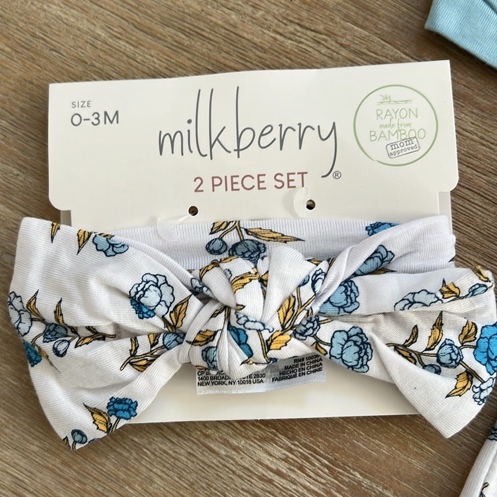 Milkberry Baby Girl Bamboo Footie Blue Floral Ruffle Headband 0-3 6-9 months - Picture 3 of 7